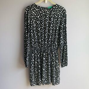 Benetton Dress Black White Pink Dots Cinch Waist Long Sleeve Office Casual Small